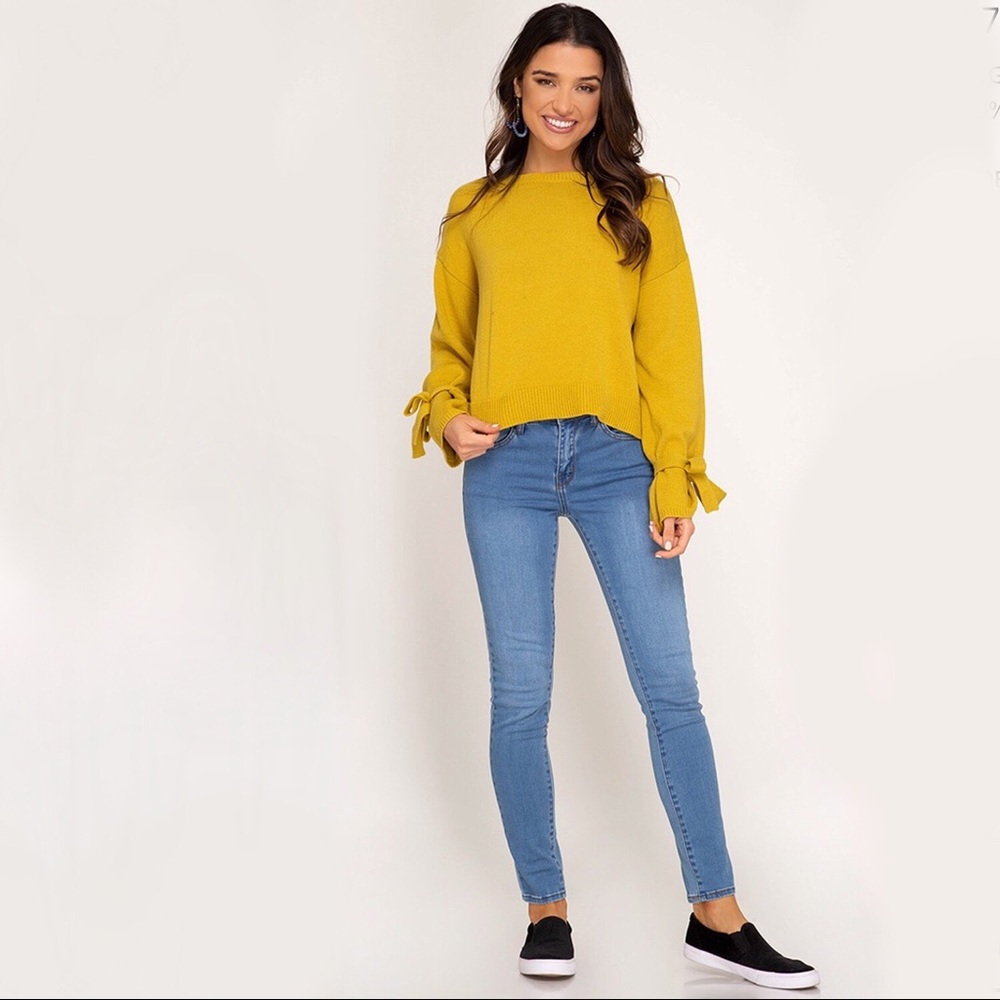 Mustard Bell Sleeve Knit Sweater, Sleeve Tie - Picture 2 of 9
